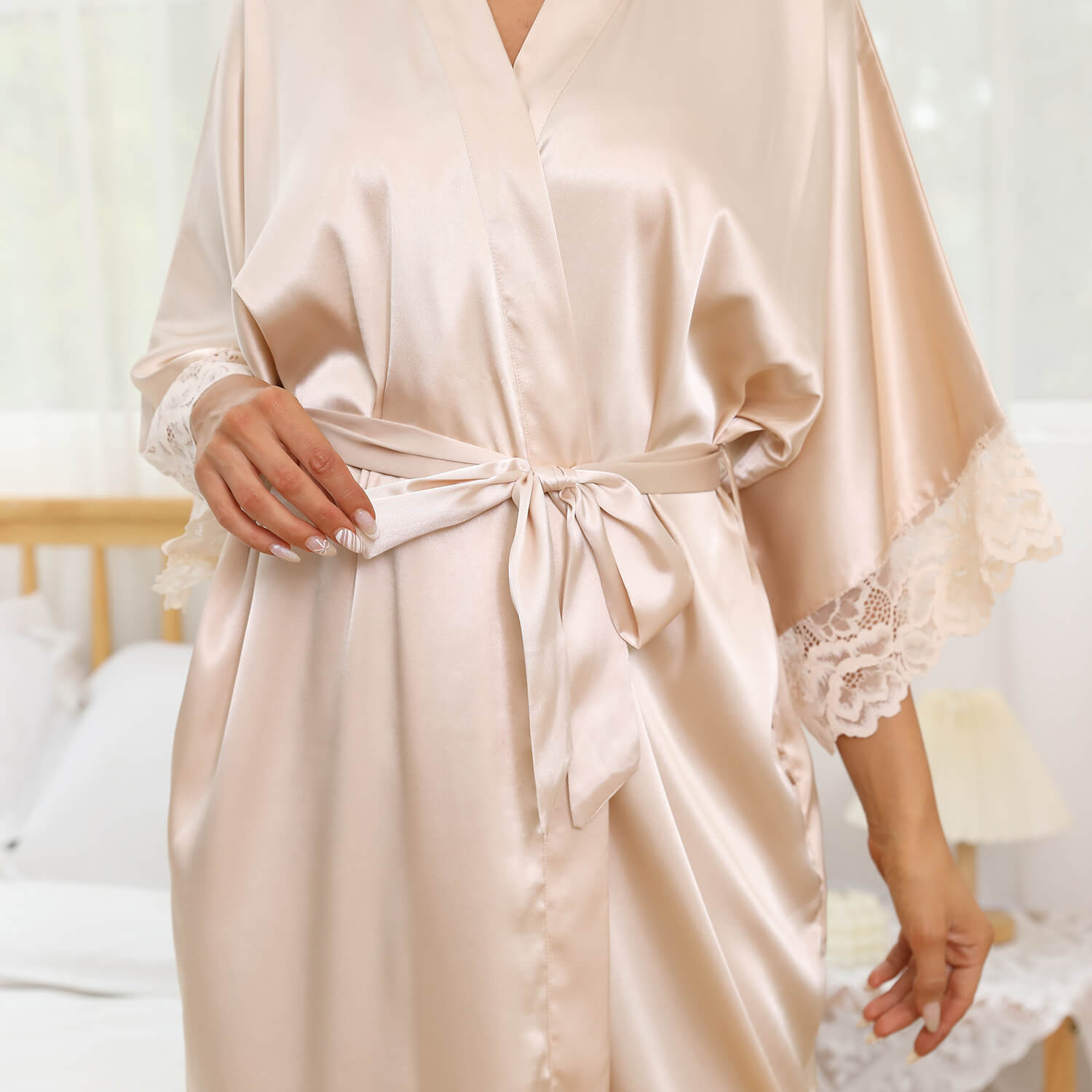 Women Silk Kimono Robe Long Bridesmaid Robe with Lace Trim - slipintosoft