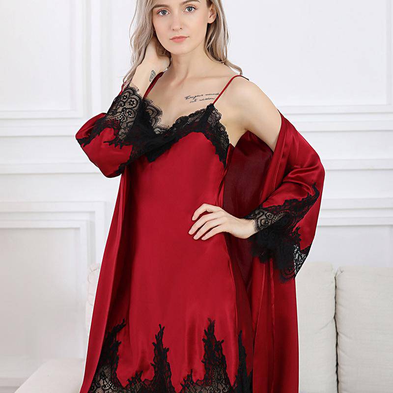 Women's Mulberry Silk Nightgown Robe Set with Lace Silk Robe Set - slipintosoft