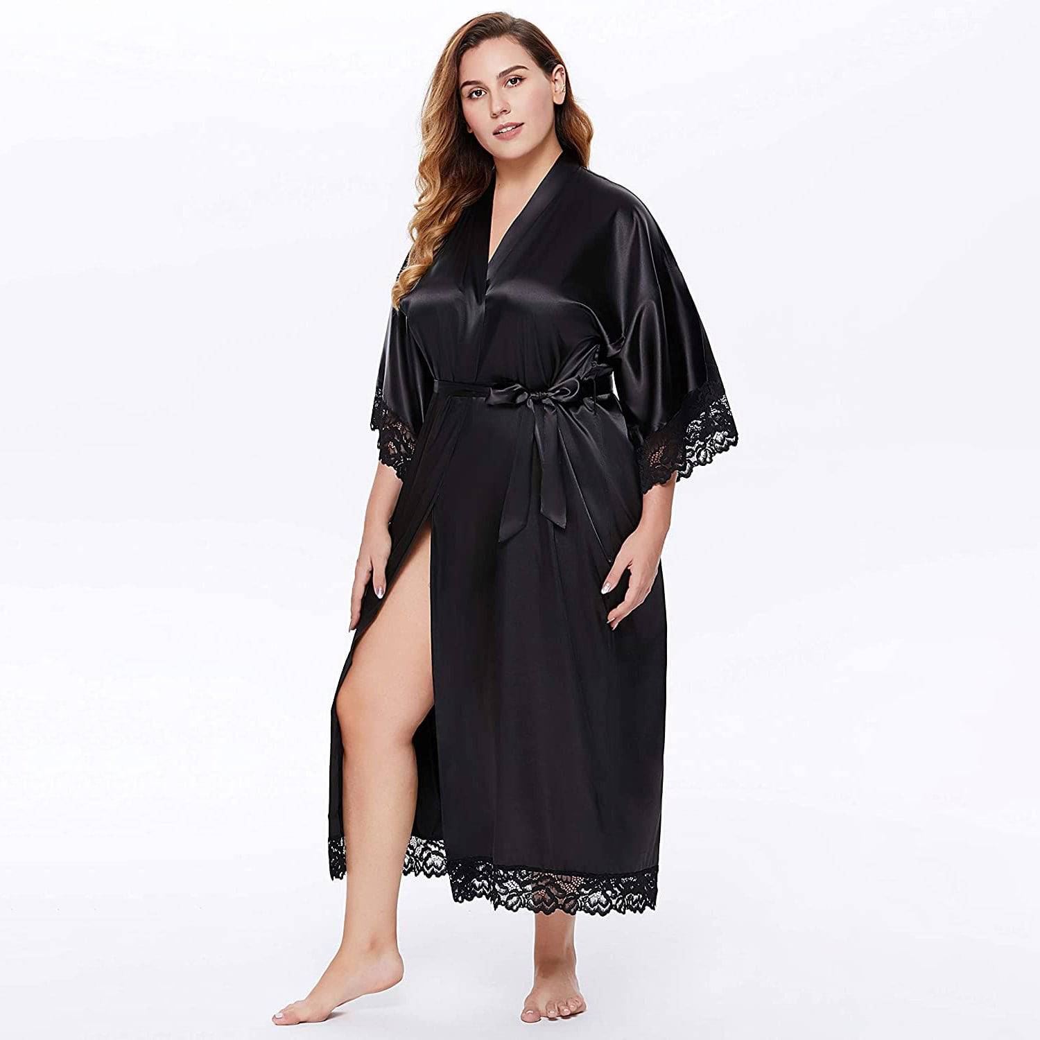 Plus Size Silk lace Robes For Women With Belt 100% Silk Long Kimono Robe Silk Bathrobes - slipintosoft