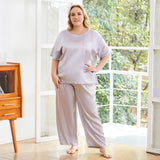 Plus Size Women's Silk Pajamas Set Short Sleeve Long Pants Silk Sleepwear - slipintosoft