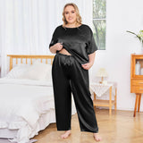 Plus Size Women's Silk Pajamas Set Short Sleeve Long Pants Silk Sleepwear - slipintosoft