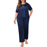 Plus Size Women's Silk Pajamas Set Short Sleeve Long Pants Silk Sleepwear - slipintosoft