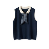 Womens Polo Neck Cashmere Vest Contrast Trim Sleeveless Cashmere Knit Sweater Navy Blue XS