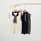 Womens Polo Neck Cashmere Vest Contrast Trim Sleeveless Cashmere Knit Sweater Ivory XS