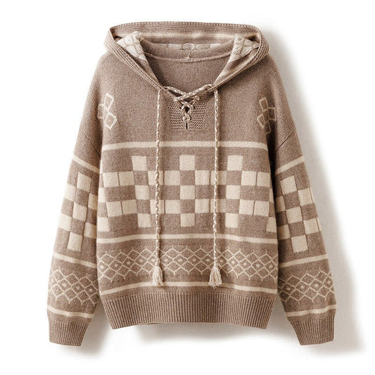 Womens Vintage - Inspired Knit Cashmere Hoodie With Geometric Pattern