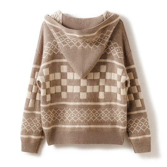 Womens Vintage - Inspired Knit Cashmere Hoodie With Geometric Pattern