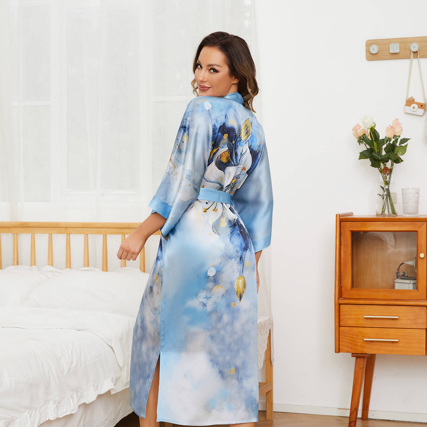 Long 100% Silk Kimono Robes Handpainted Flower for Women Silk Robe - slipintosoft