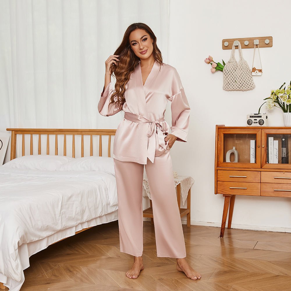 Women's Pure Silk Robe and Pajama Set with Pockets - slipintosoft