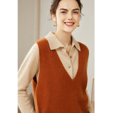 Womens V - Neck Sleeveless Cashmere Vest Ribbed Trim Cashmere Waistcoat