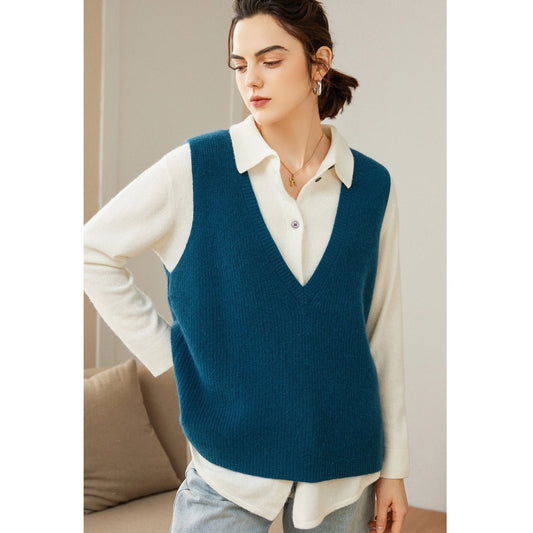 Women's Ribbed 100% Cashmere V-Neck Waistcoat - slipintosoft