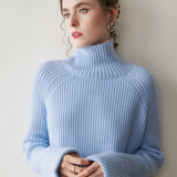 Womens Ribbed Cashmere Sweater Turtleneck Cashmere Raglan Pullover Blue XS