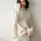 Womens Ribbed Cashmere Sweater Turtleneck Cashmere Raglan Pullover Ivory XS
