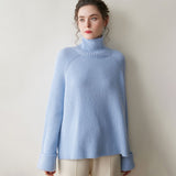 Womens Ribbed Cashmere Sweater Turtleneck Cashmere Raglan Pullover Blue XS