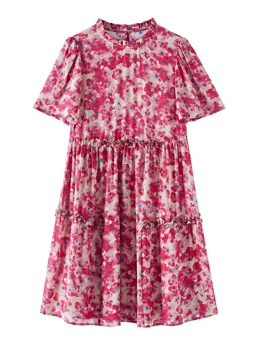 Womens Romantic Red Floral Silk Dress Ruffle Neck Silk Dress