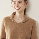 Womens Shawl Collar Cashmere Sweater V Neck Long Sleeve Cashmere Pullover Camel XS