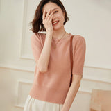 Womens Short Sleeve Cashmere Sweater Crew Neck Cashmere Knit Pullover Top Pink XS