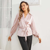 Pure Silk Blouse For Womens 22MM Silk Shirts Silk Long Sleeves Top With A Belt - slipintosoft