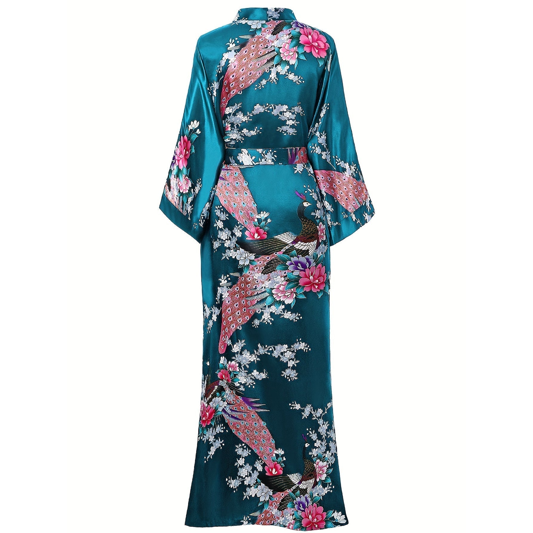 Womens Silk Kimono Peacock and Floral Print Kimono Silk Long Silk Robe