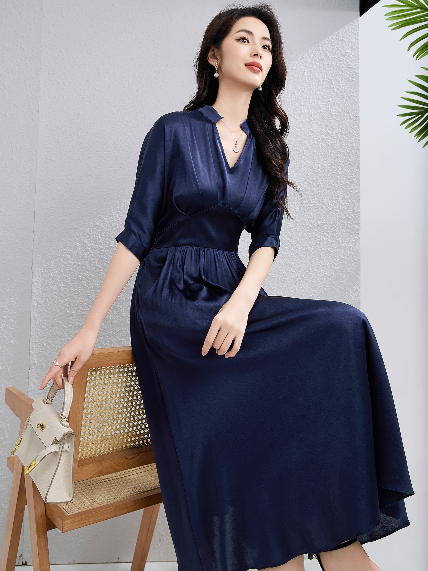 Womens Silk Midi Dress Draped V - Neck Cinched Waist Long Silk Dress Navy Blue XS