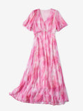 Womens Silk Midi Dress Puff Sleeves Long Silk Dress Watercolor Print Silk Dress Pink XS