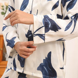 Women's Silk Pajamas Set Floral Print Button - Up Silk Sleepwear