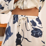 Women's Silk Pajamas Set Floral Print Button - Up Silk Sleepwear