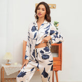 Women's Silk Pajamas Set Floral Print Button - Up Silk Sleepwear printed silk sleepwear