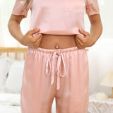 Women's Silk Pajamas Set Short Sleeve Long Pants Silk Sleepwear - slipintosoft