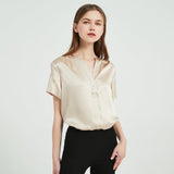 Women Short Sleeve Silk Blouse V Neck Silk Shirts Tops for Women - slipintosoft