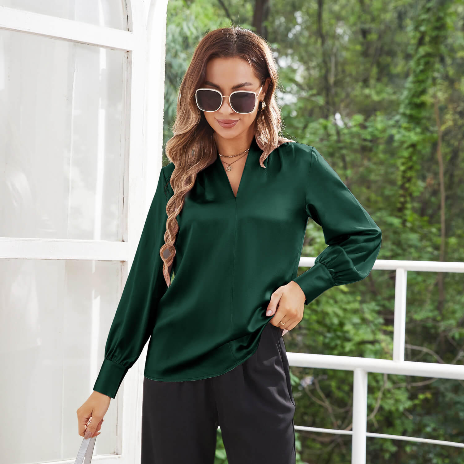 Women's Long Sleeves V Neck Silk Blouse - slipintosoft