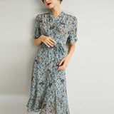 Womens Silk Wrap Midi Dress Fan Motif Ruffled Hem Blue Silk Dress