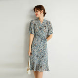 Womens Silk Wrap Midi Dress Fan Motif Ruffled Hem Blue Silk Dress