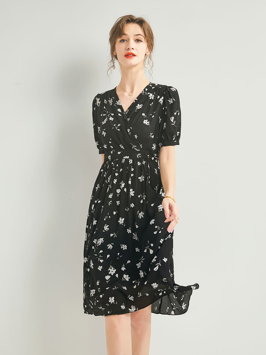 Womens Silk Wrap Midi Dress Puff Sleeve Floral Print Black Silk Dress