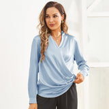 Womens Long Sleeves Loose Wrap Silk Blouse - slipintosoft