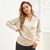 Womens Long Sleeves Loose Wrap Silk Blouse - slipintosoft