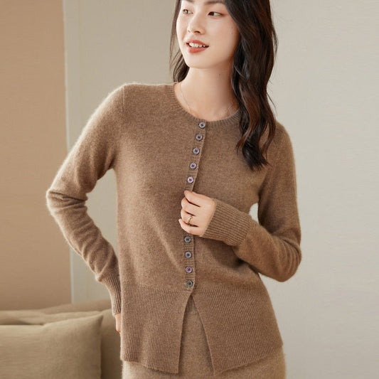 Womens Crew Neck Cashmere Cardigan Sweater Button - Down Cashmere Coat