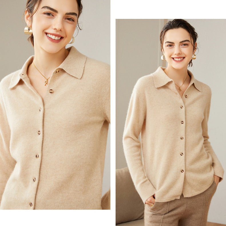 Women's Solid Color 100% Cashmere Button-Down Polo-Neck Cardigan - slipintosoft