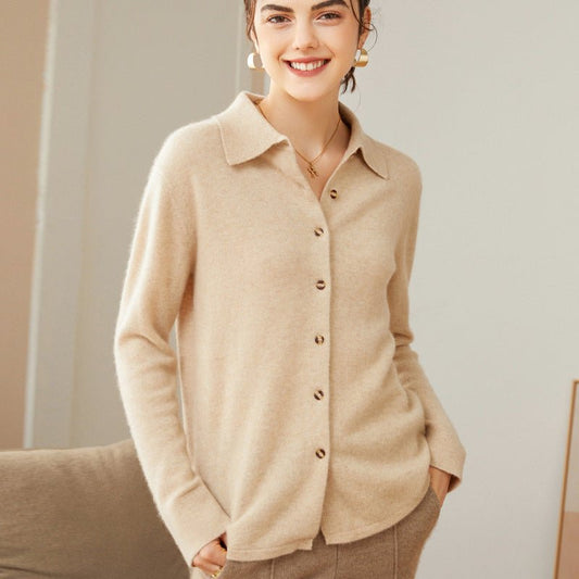 Womens Classic Button - Up Lapel Neck Cashmere Cardigan Ribbed Cuffs