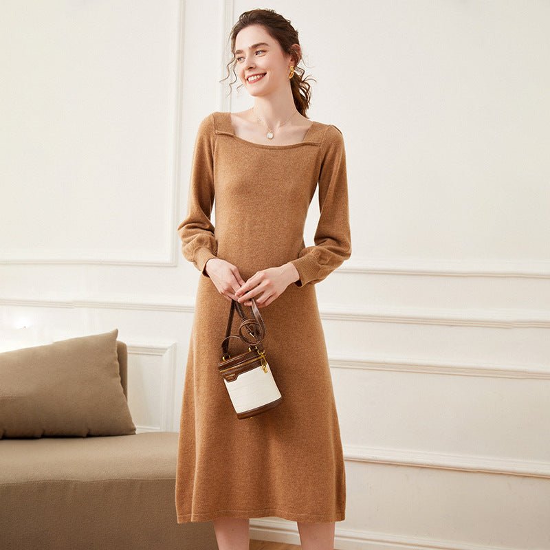 Women's Square Neckline Cashmere Dress Tea Length Knitted Dress - slipintosoft