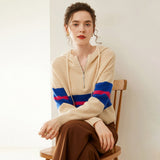Womens Striped Cashmere Hoodie Half-Zip Cashmere Sweater Beige XS