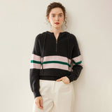 Womens Striped Cashmere Hoodie Half-Zip Cashmere Sweater Gray XS