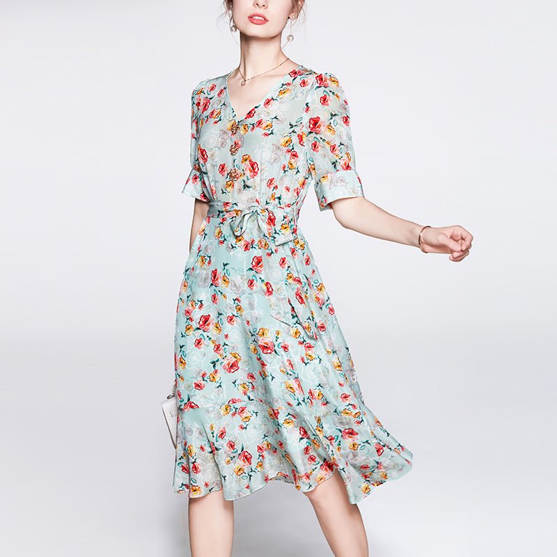 Spring New Women's Silk Floral Dress Pure 100% Pure Mulberry Silk Dresses - slipintosoft