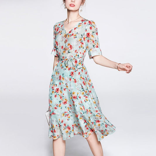 Women's Summer Silk Floral Dress V Neck Guest Party Silk Midi Dress