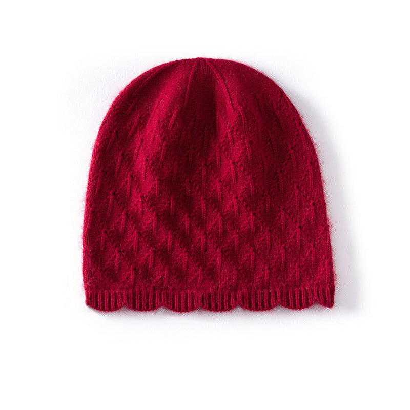 Womens Textured Knit Cashmere Beanie Patterned Pure Cashmere Cap Scalloped Edge