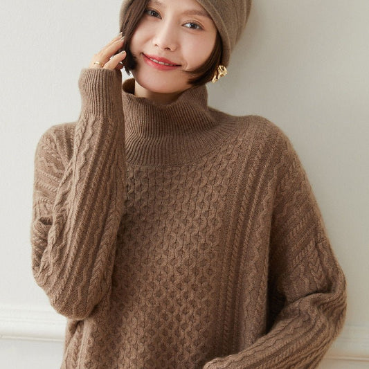 Women's Turtleneck Cashmere Sweater Cable-Knitted Drop Sleeve Pullover Tops - slipintosoft