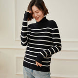 Womens Turtleneck Cashmere Sweater Striped Cashmere Knit Pullover Black XS
