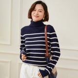 Womens Turtleneck Cashmere Sweater Striped Cashmere Knit Pullover Navy Blue XS