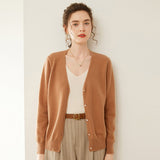 Womens V-Neck Cashmere Cardigan Button Front Cashmere Sweater Camel XS