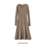 Women's V Neck Cashmere Dresses Rib-Knitted Cashmere Mermaid Dress - slipintosoft