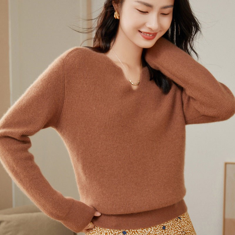 Women's V Neck Cashmere Sweater Rib Knit Cashmere Pullover Tops - slipintosoft